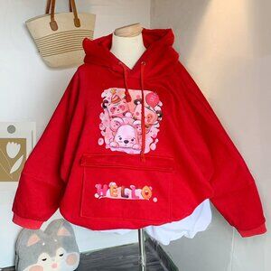 🐻 Cute Bear Graphic Hoodie Red Oversized
